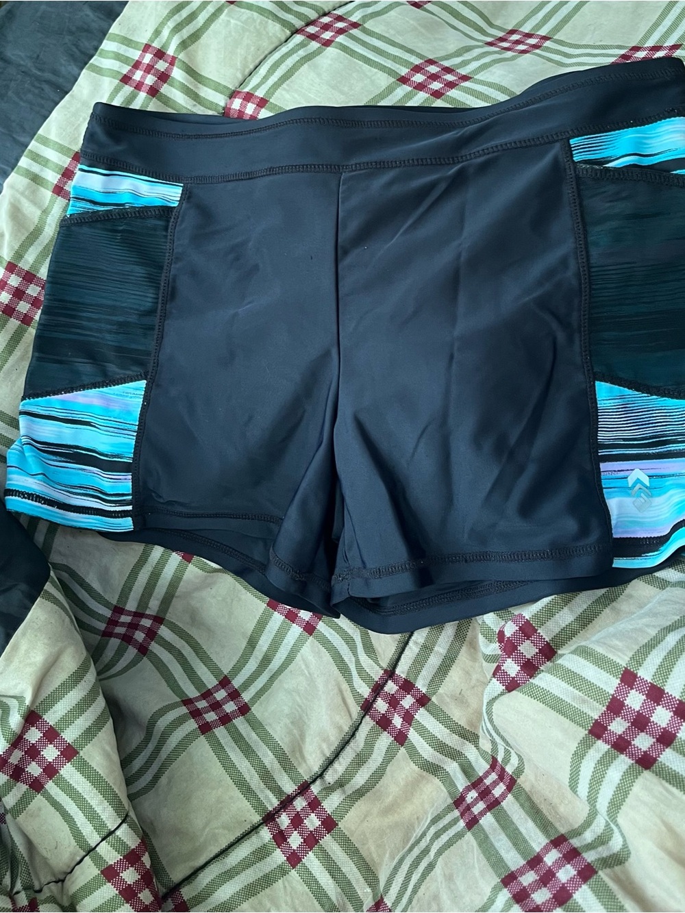 Free Country Black Swim Bike Shorts with Teal Stripe Panels